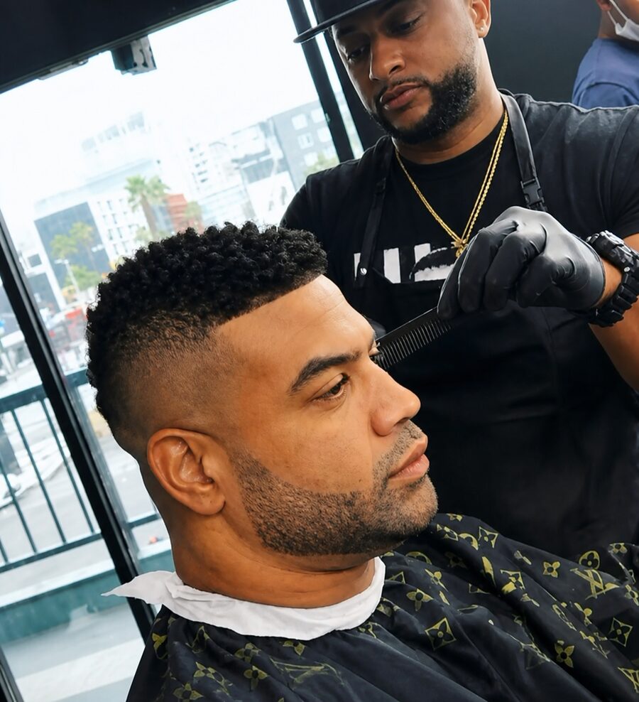 Barber Michael Fields cutting a burst fade with curly top for a client at The Best Cuts near Hollywood Blvd, Los Angeles